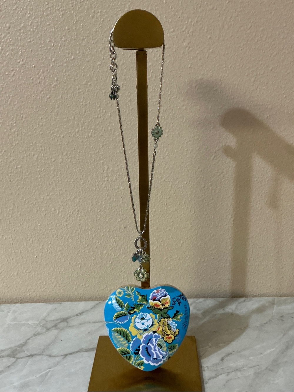 Brighton Silver Tone Blue Floral Necklace With Heart Storage Case.